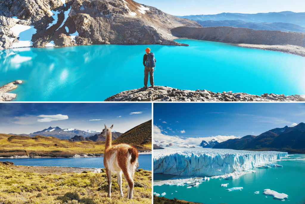 luxury travel argentina man standing in front of lake and llama walking